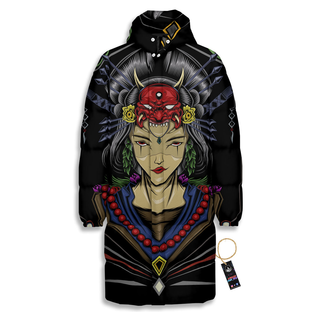 Samurai Girl Japanese Print Long Down Jacket-grizzshop