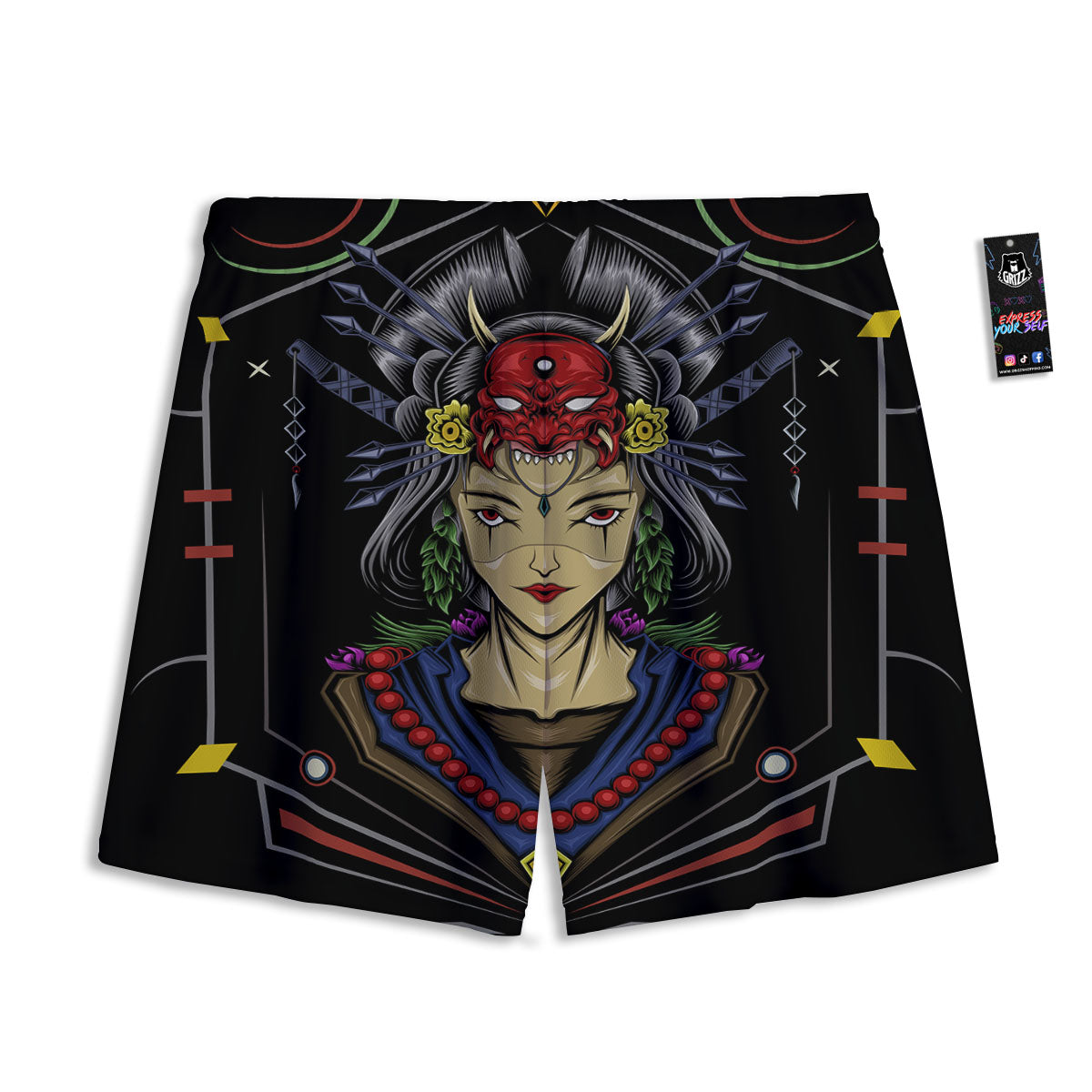 Samurai Girl Japanese Print Mesh Shorts