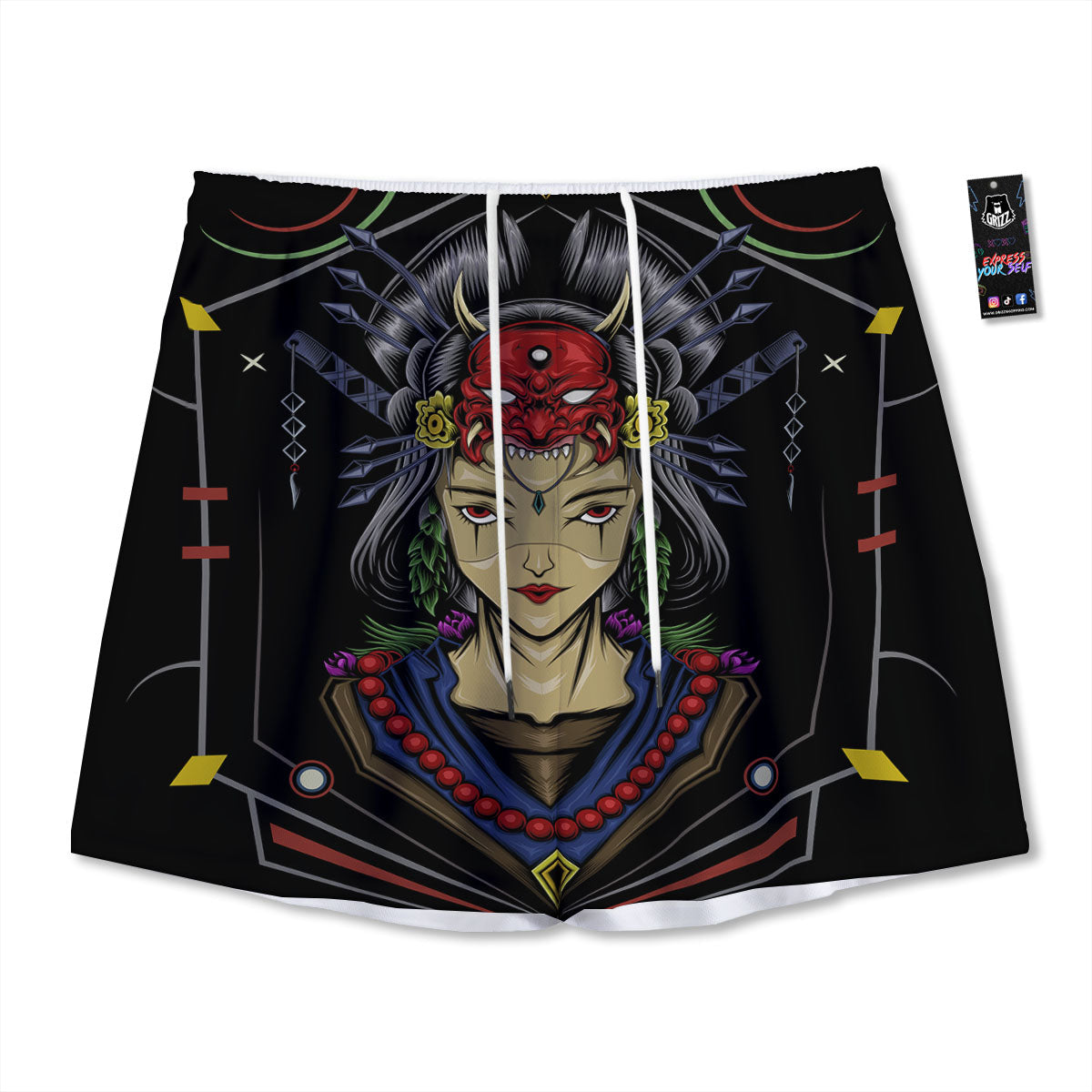 Samurai Girl Japanese Print Mesh Shorts