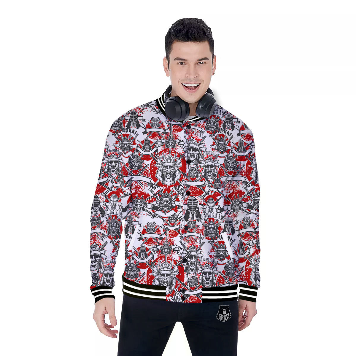 Samurai Japanese Print Pattern Baseball Jacket-grizzshop