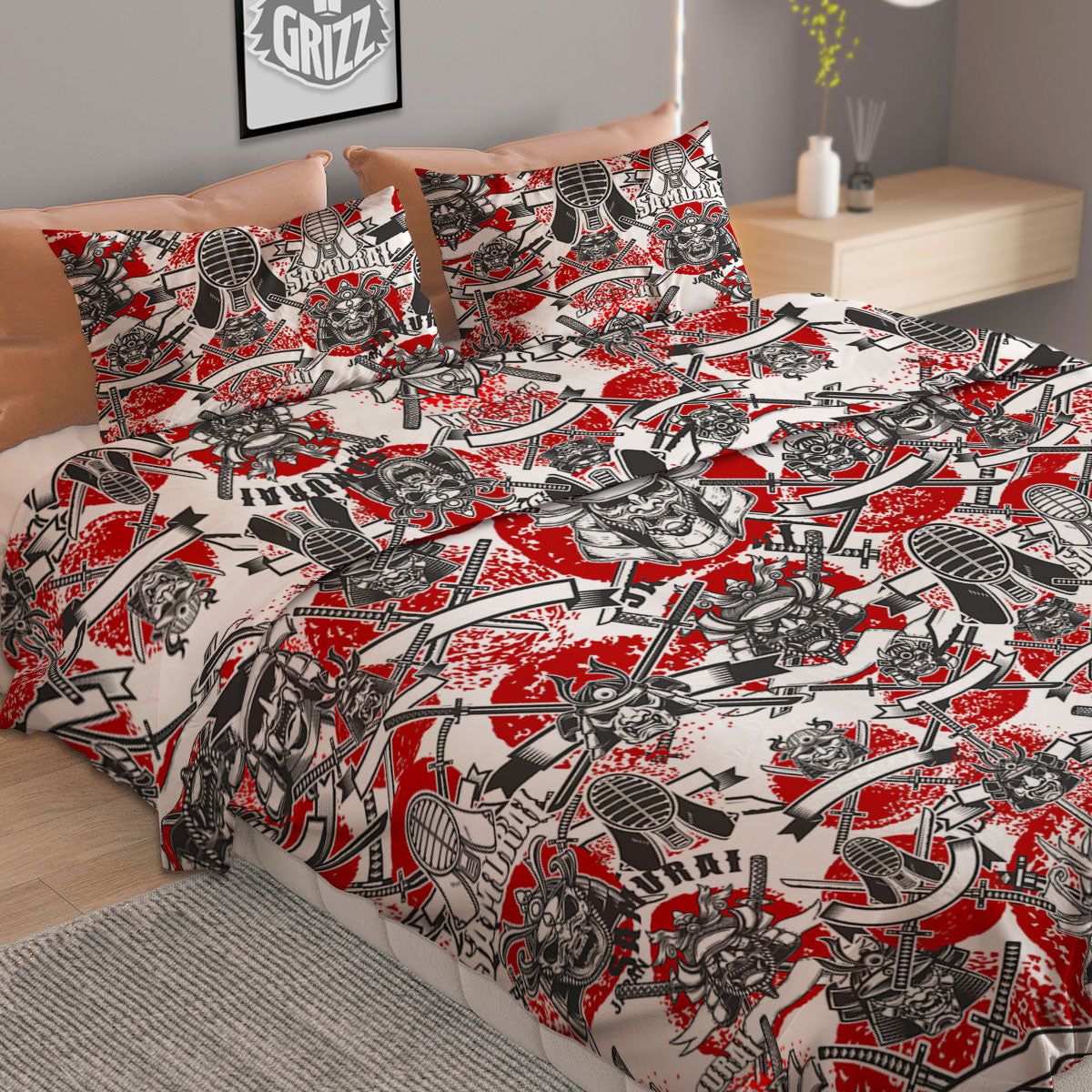 Samurai Japanese Print Pattern Duvet Cover Bedding Set