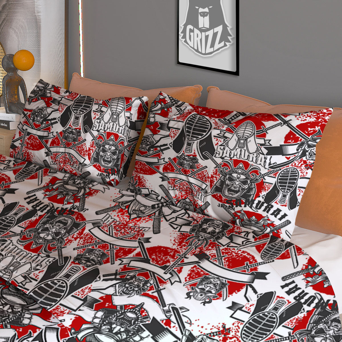 Samurai Japanese Print Pattern Duvet Cover Bedding Set
