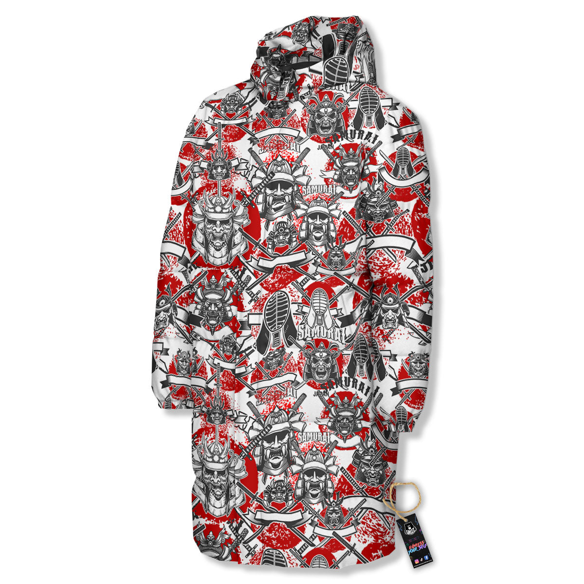 Samurai Japanese Print Pattern Long Down Jacket-grizzshop