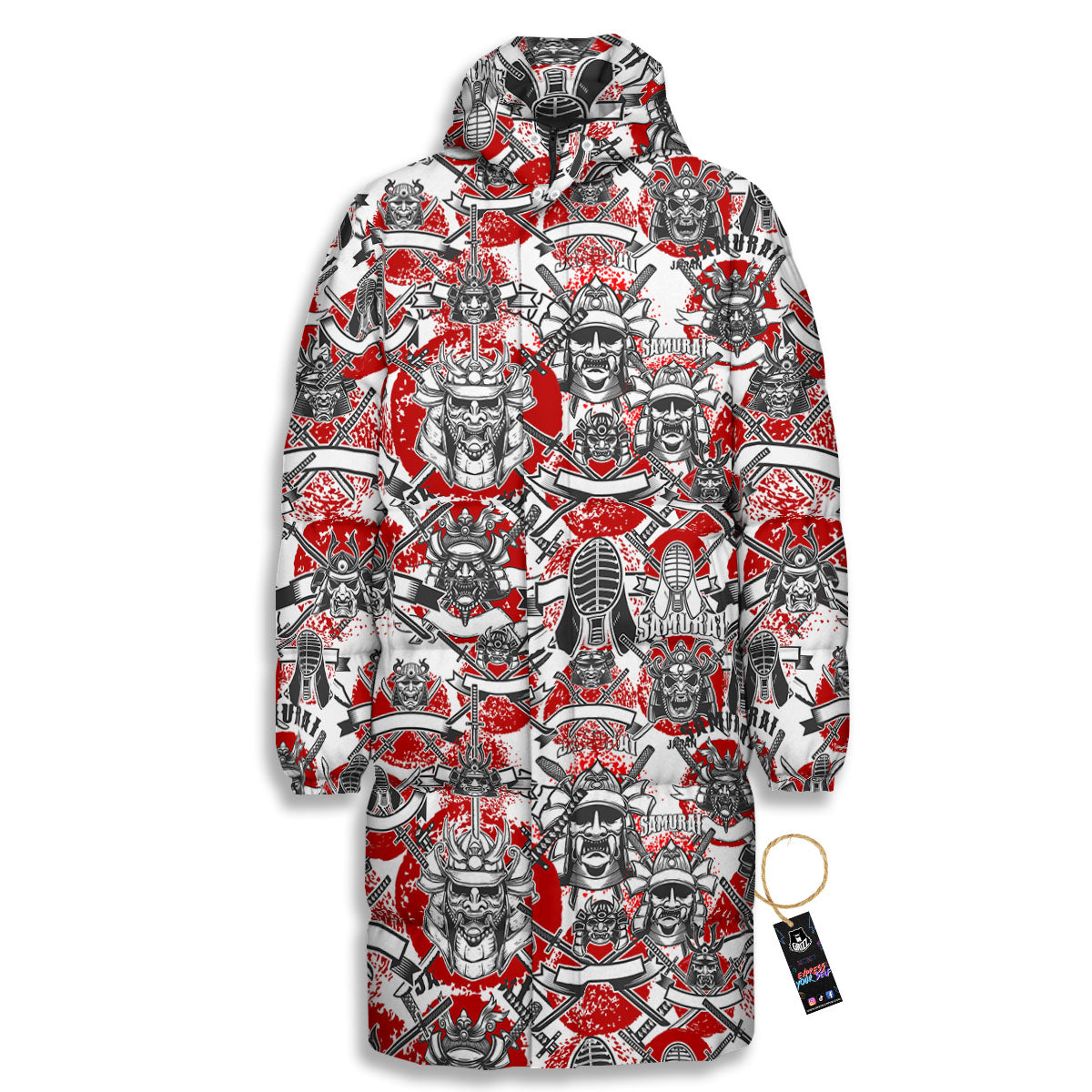 Samurai Japanese Print Pattern Long Down Jacket-grizzshop