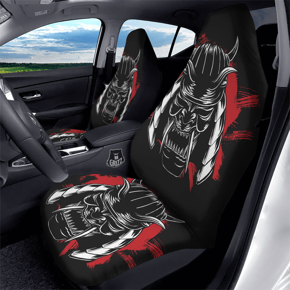 Samurai Mask Old Japanese Print Car Seat Covers-grizzshop