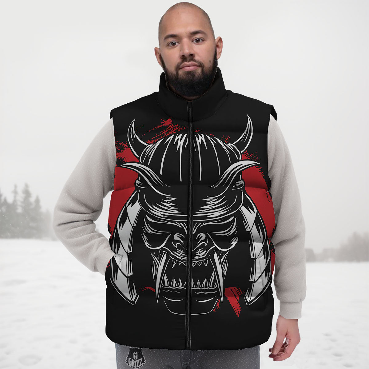 Samurai Mask Old Japanese Print Down Vest