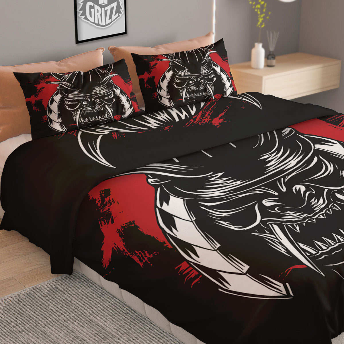 Samurai Mask Old Japanese Print Duvet Cover Bedding Set