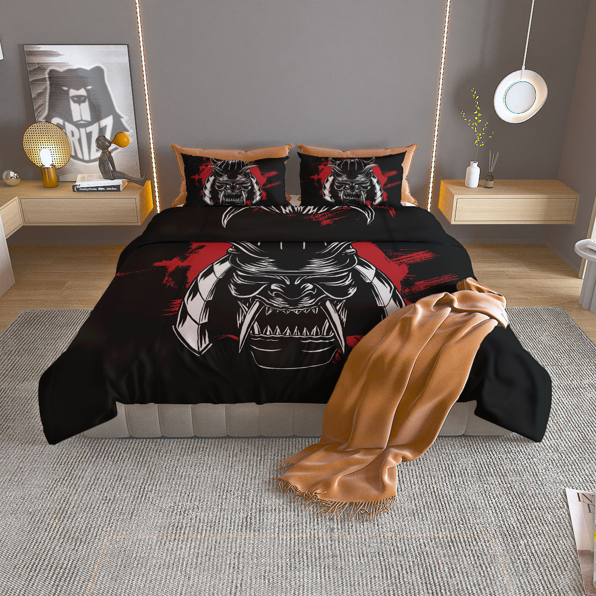 Samurai Mask Old Japanese Print Duvet Cover Bedding Set