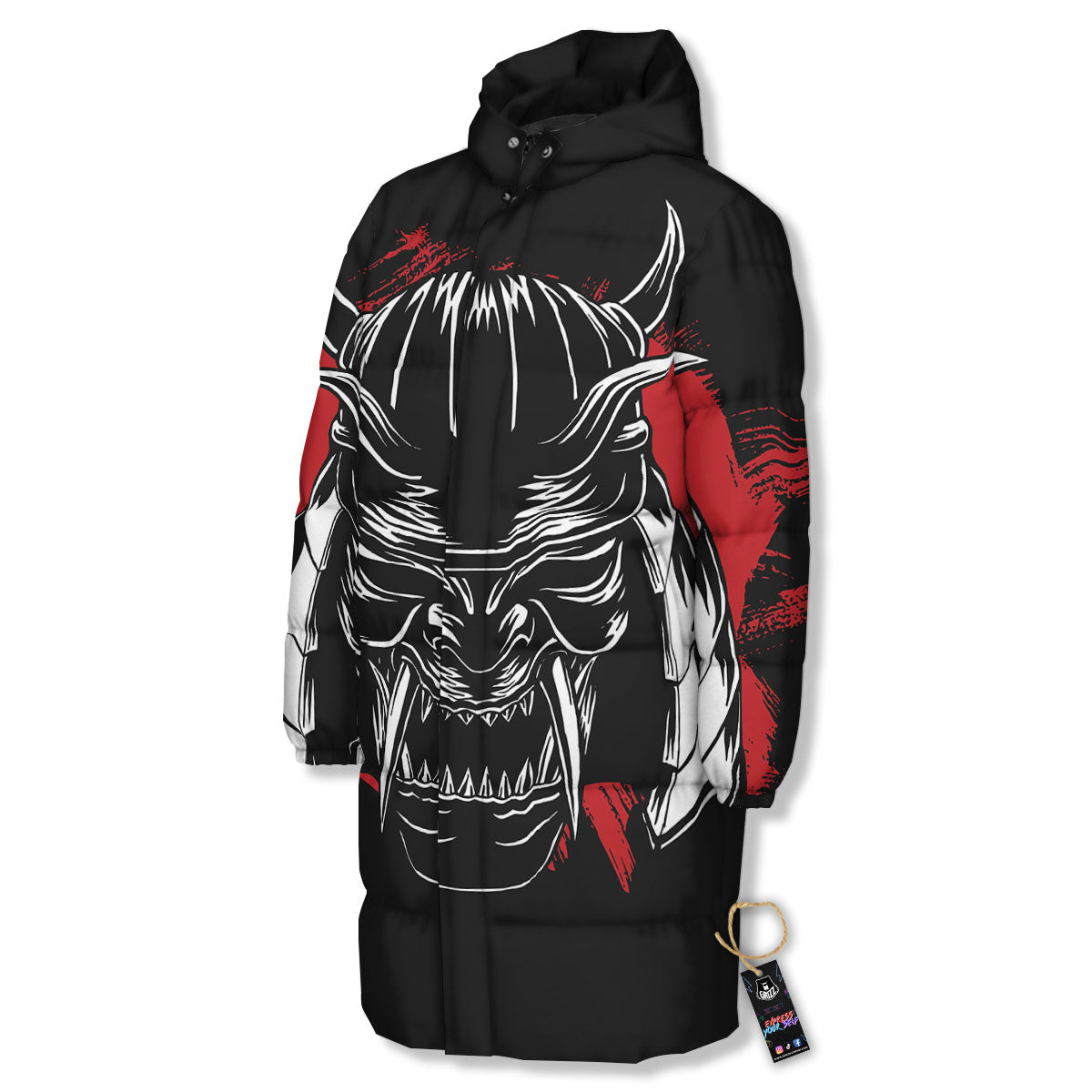 Samurai Mask Old Japanese Print Long Down Jacket-grizzshop