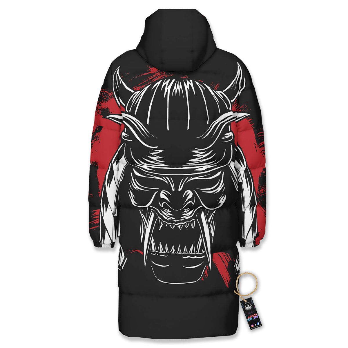 Samurai Mask Old Japanese Print Long Down Jacket-grizzshop