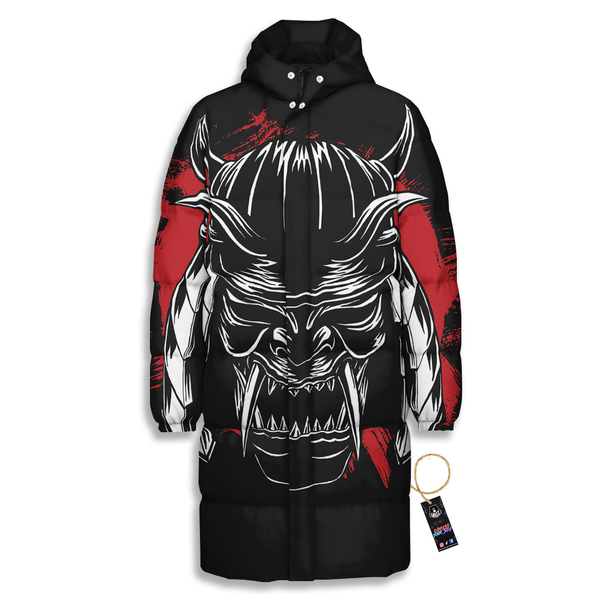Samurai Mask Old Japanese Print Long Down Jacket-grizzshop
