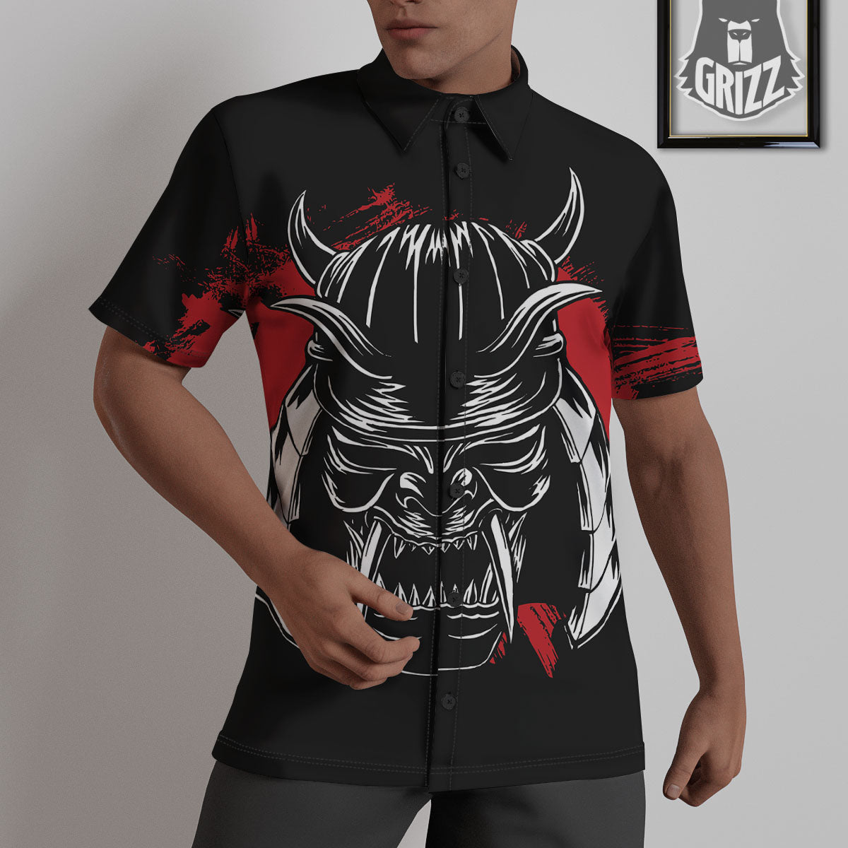 Samurai Mask Old Japanese Print Untucked Shirts-grizzshop
