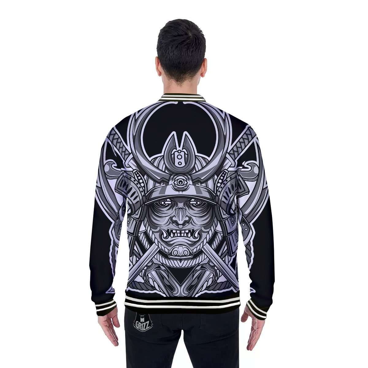 Samurai Mask Silver Print Baseball Jacket-grizzshop