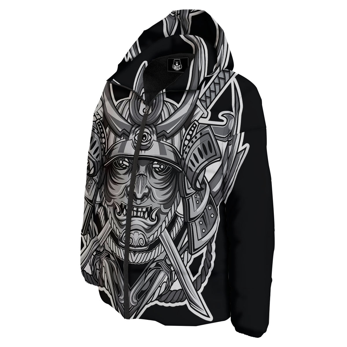Samurai Mask Silver Print Down Jacket-grizzshop