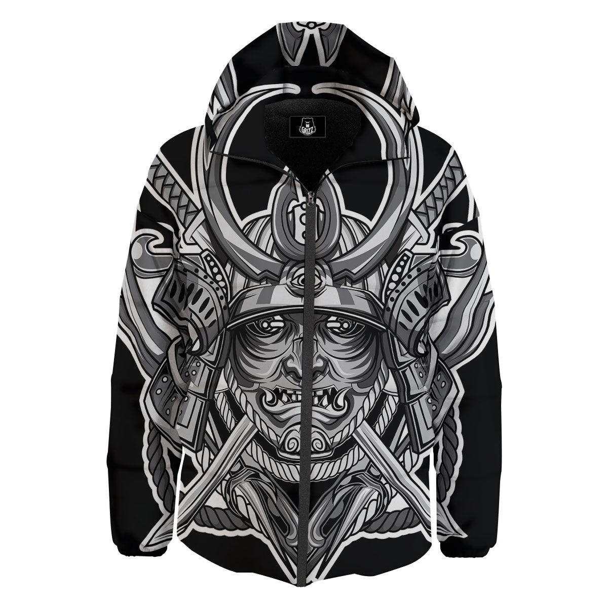 Samurai Mask Silver Print Down Jacket-grizzshop