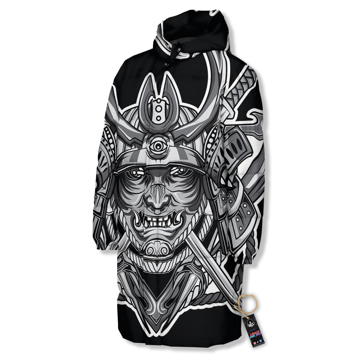 Samurai Mask Silver Print Long Down Jacket-grizzshop