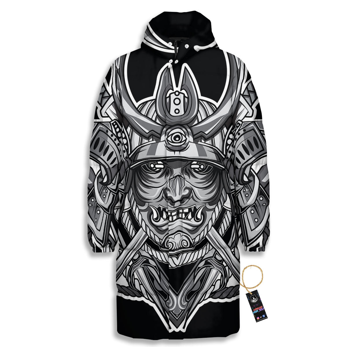 Samurai Mask Silver Print Long Down Jacket-grizzshop