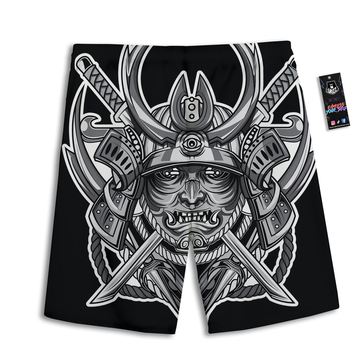 Samurai Mask Silver Print Men's Athletic Shorts