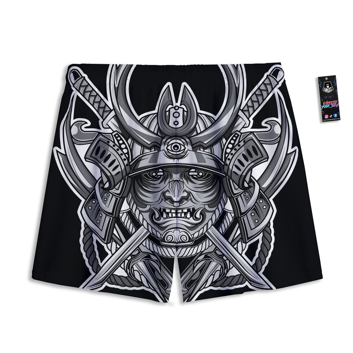 Samurai Mask Silver Print Mesh Shorts