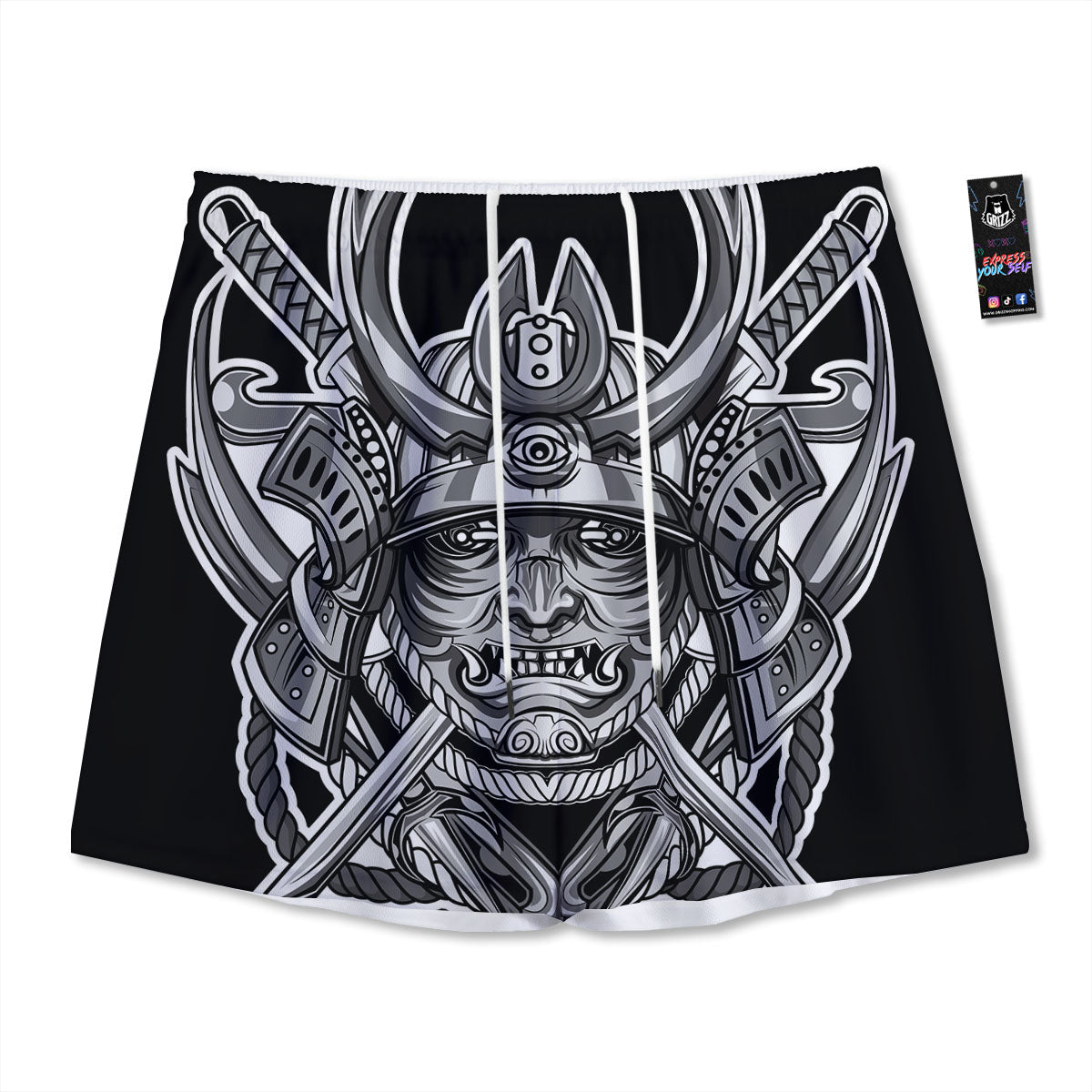 Samurai Mask Silver Print Mesh Shorts