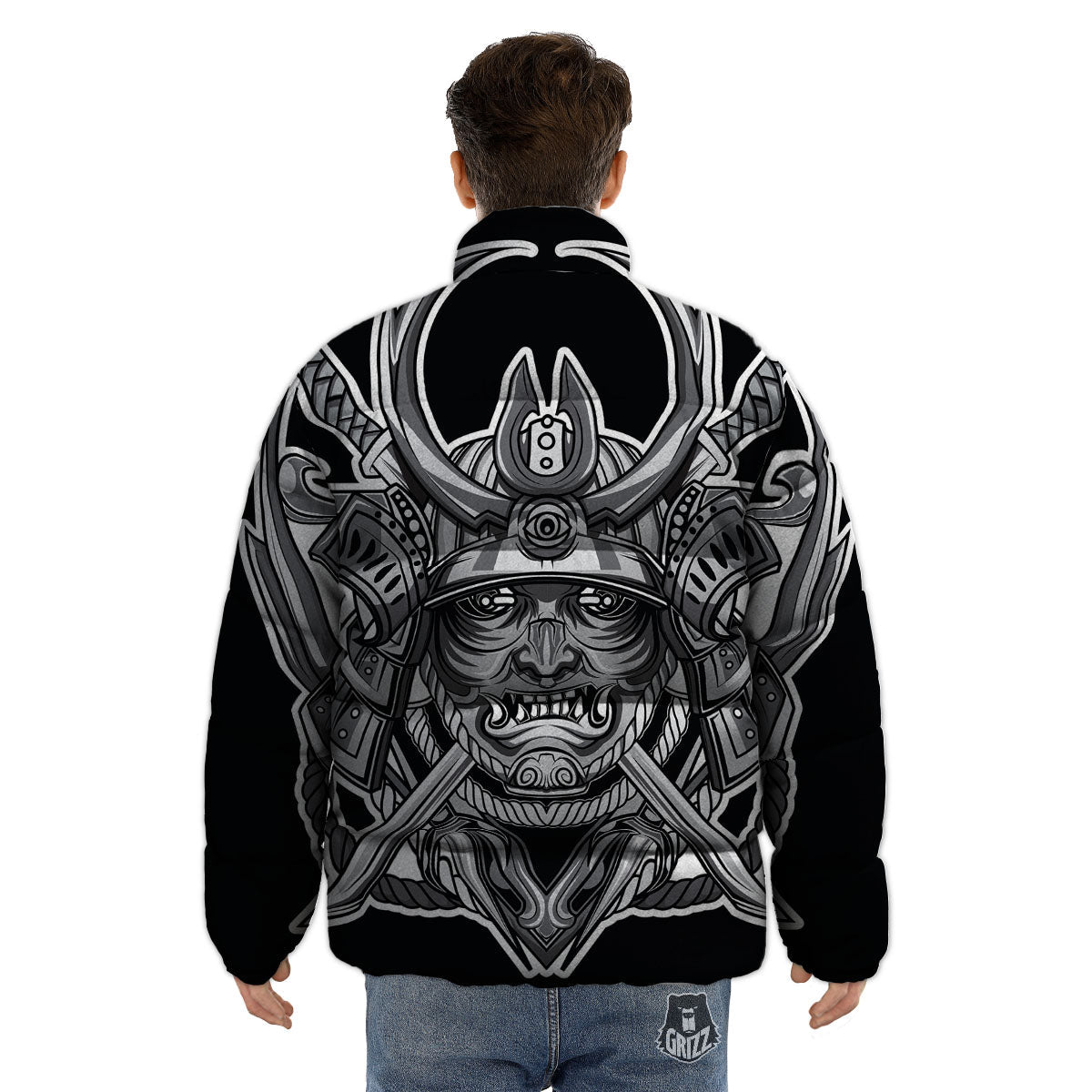 Samurai Mask Silver Print Puffer Jacket-grizzshop