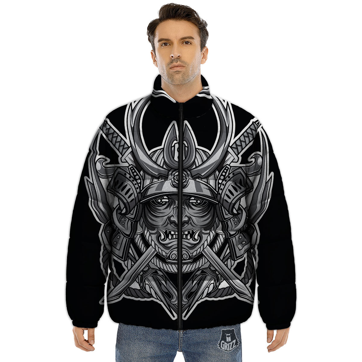 Samurai Mask Silver Print Puffer Jacket-grizzshop