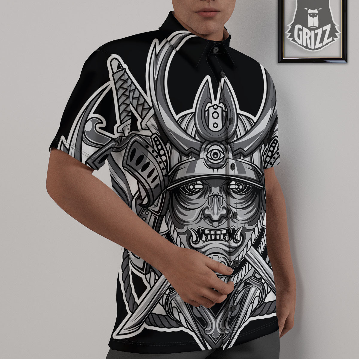 Samurai Mask Silver Print Untucked Shirts-grizzshop