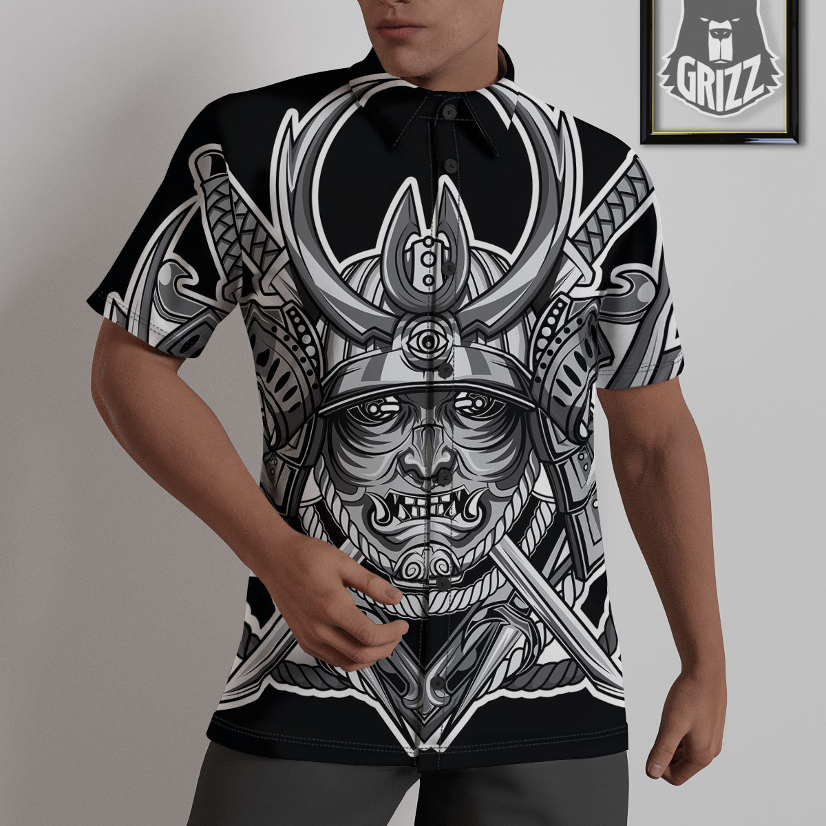 Samurai Mask Silver Print Untucked Shirts-grizzshop