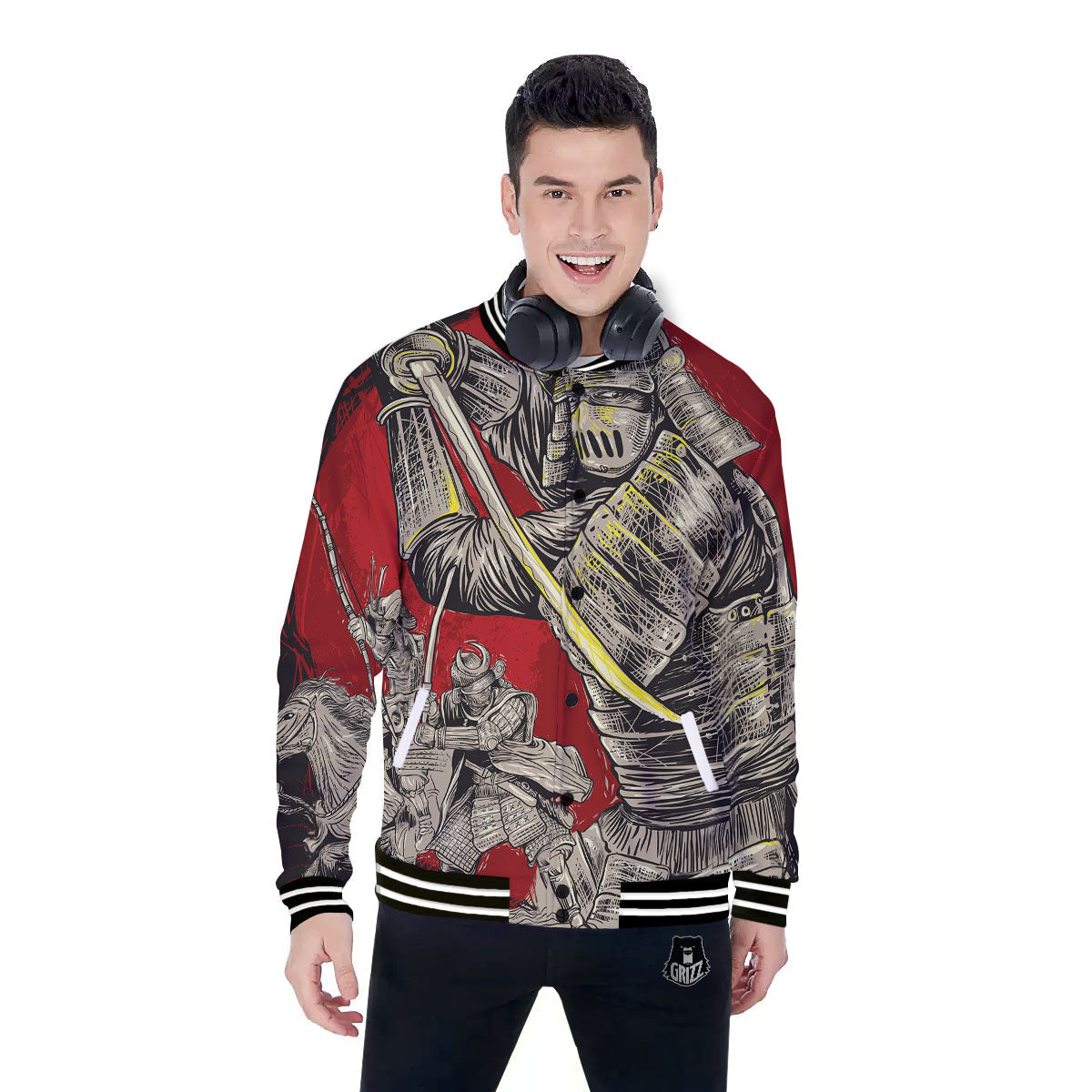Samurai Red Moon Print Baseball Jacket-grizzshop