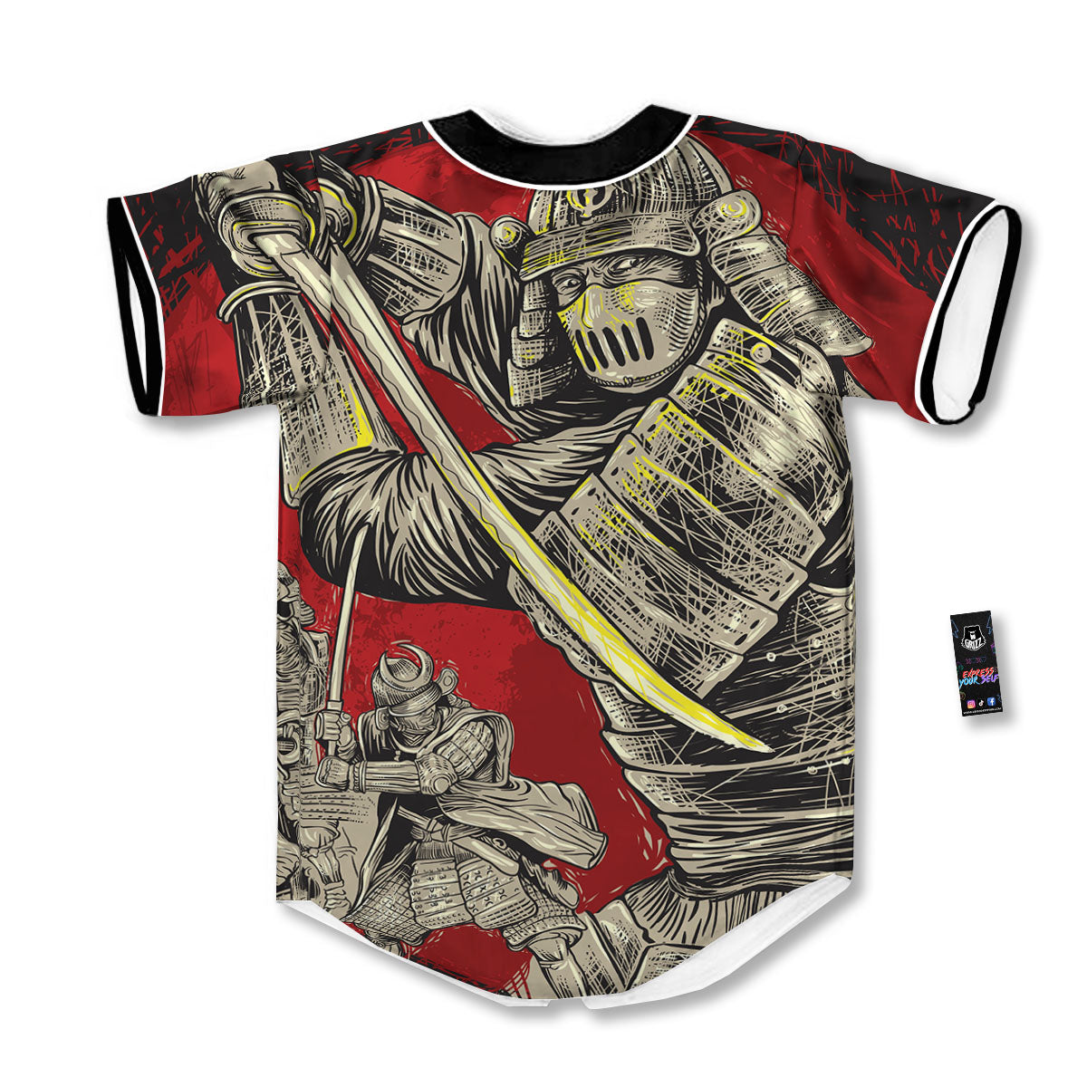 Samurai Red Moon Print Baseball Jersey-grizzshop