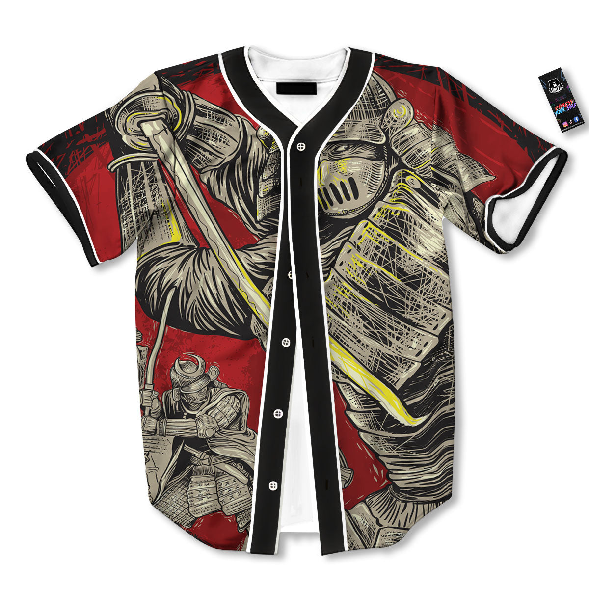 Samurai Red Moon Print Baseball Jersey-grizzshop