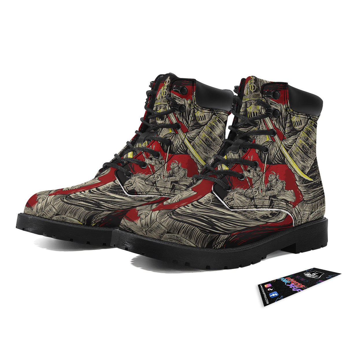 Samurai Red Moon Print Boots-grizzshop