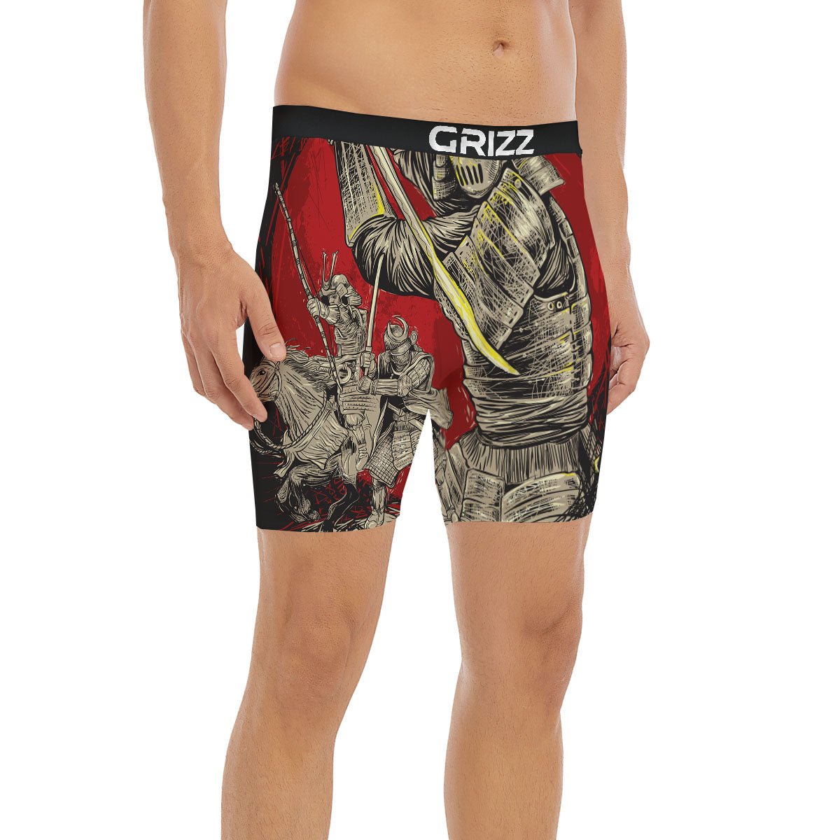 Samurai Red Moon Print Boxer Briefs-grizzshop