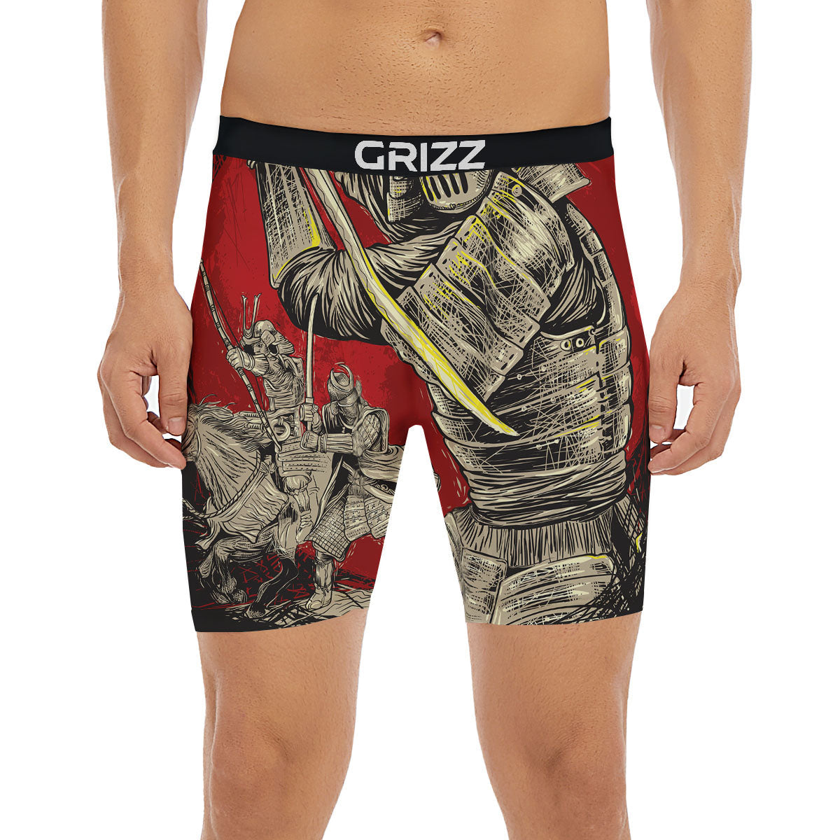 Samurai Red Moon Print Boxer Briefs-grizzshop