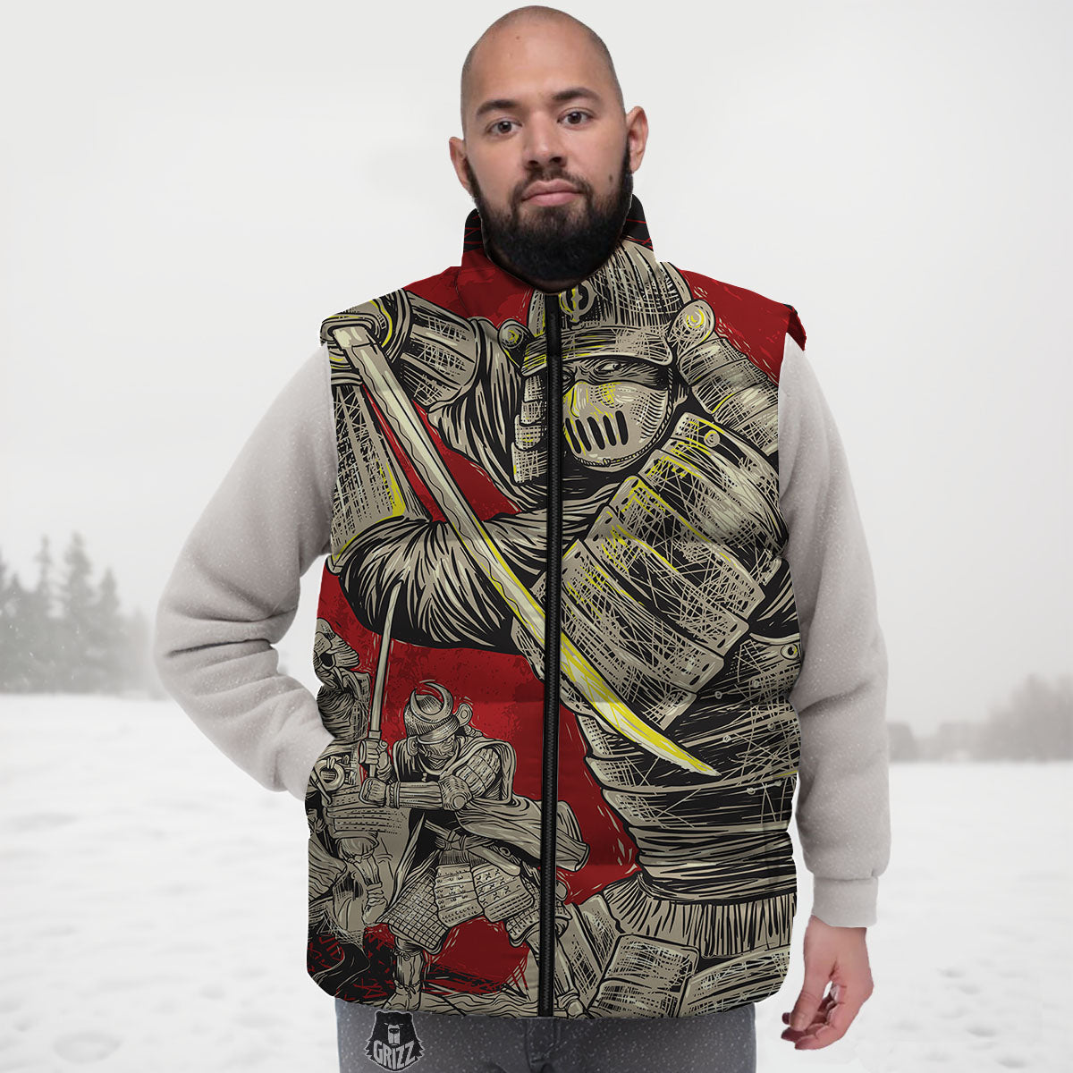 Samurai Red Moon Print Down Vest