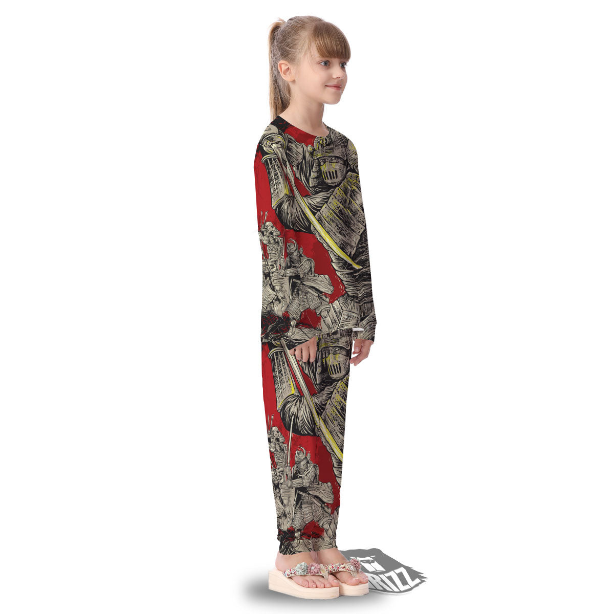 Samurai Red Moon Print Kid's Pajamas-grizzshop