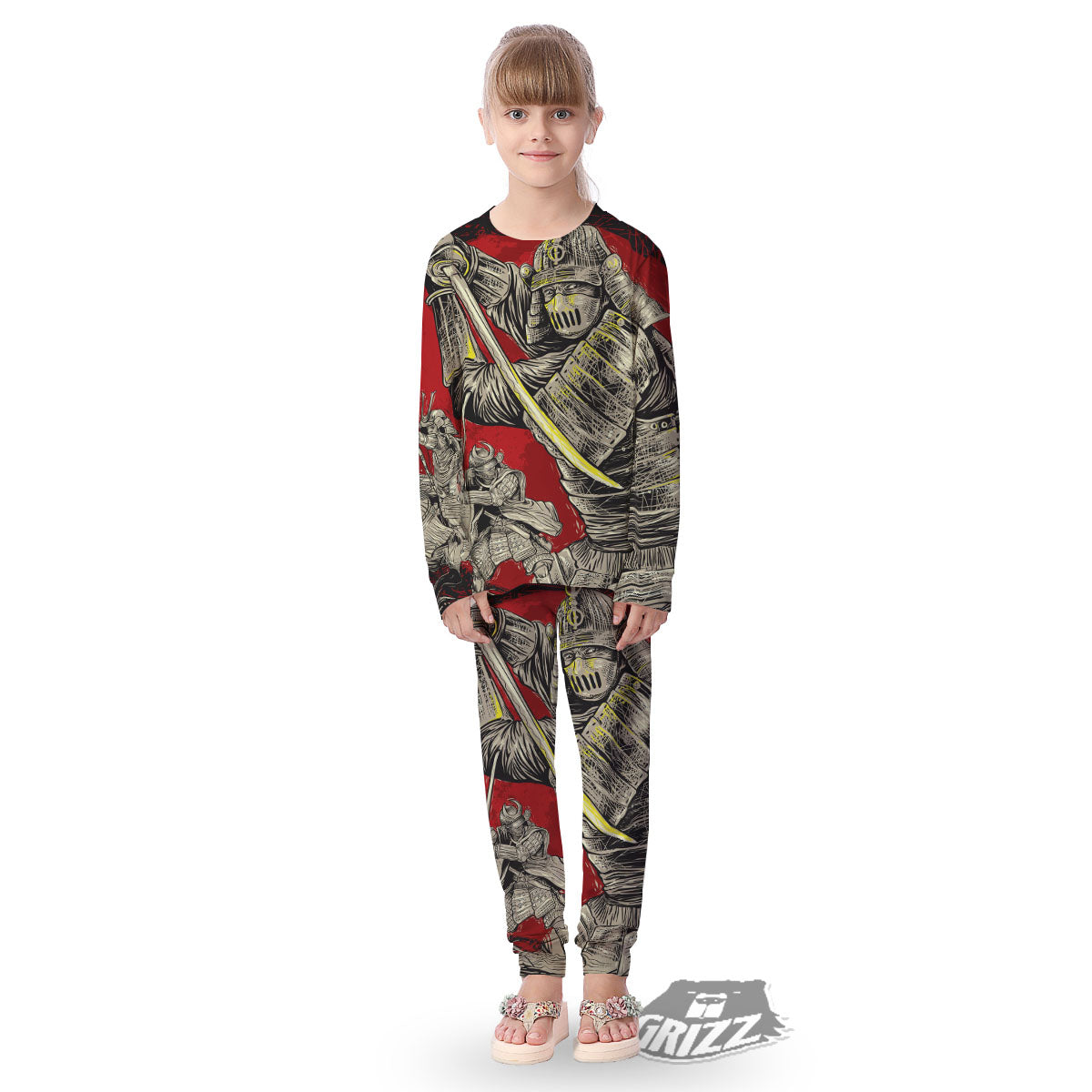 Samurai Red Moon Print Kid's Pajamas-grizzshop