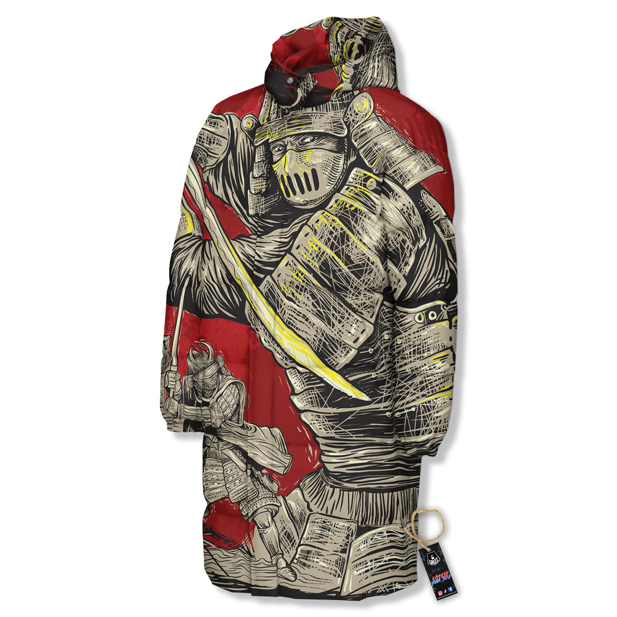 Samurai Red Moon Print Long Down Jacket-grizzshop
