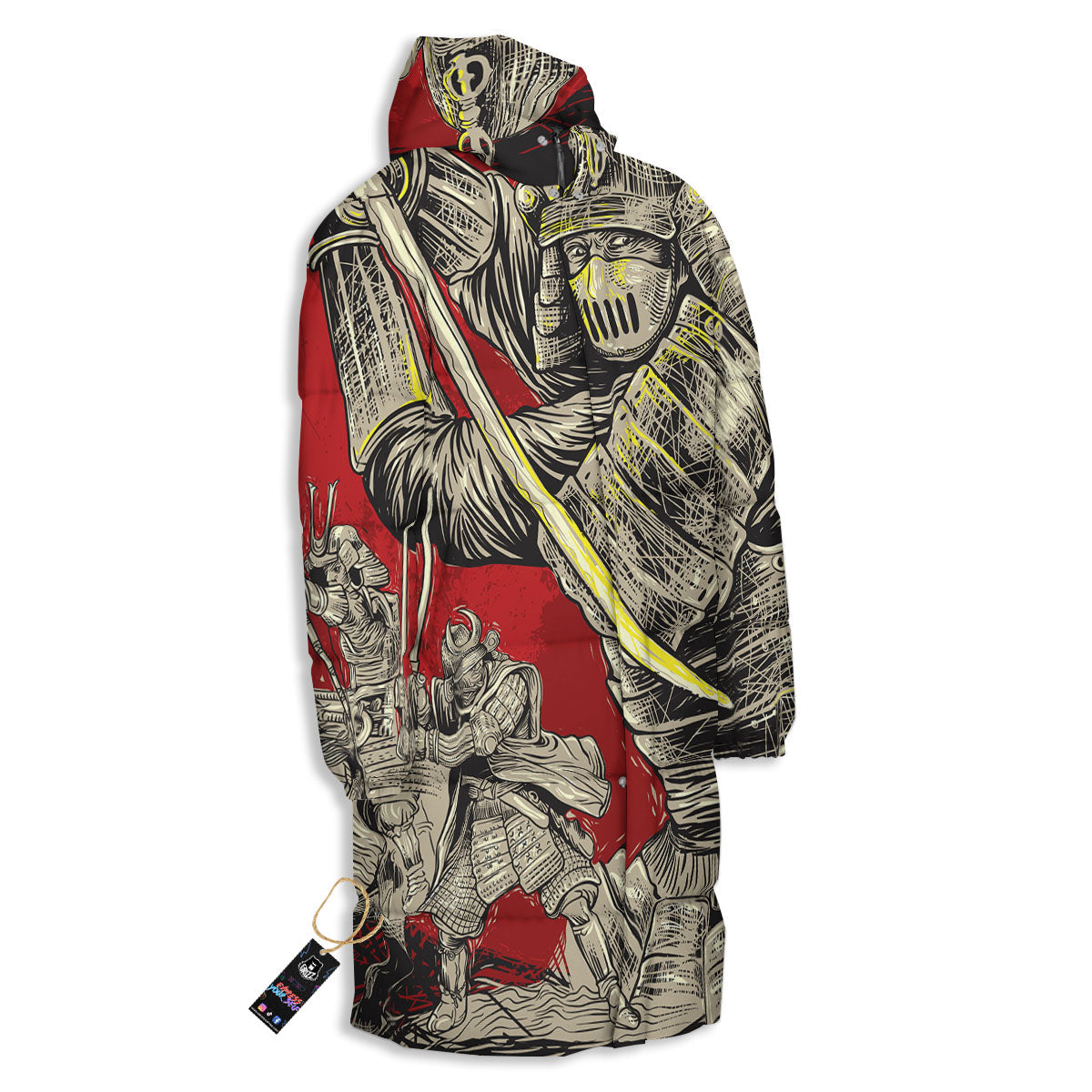 Samurai Red Moon Print Long Down Jacket-grizzshop