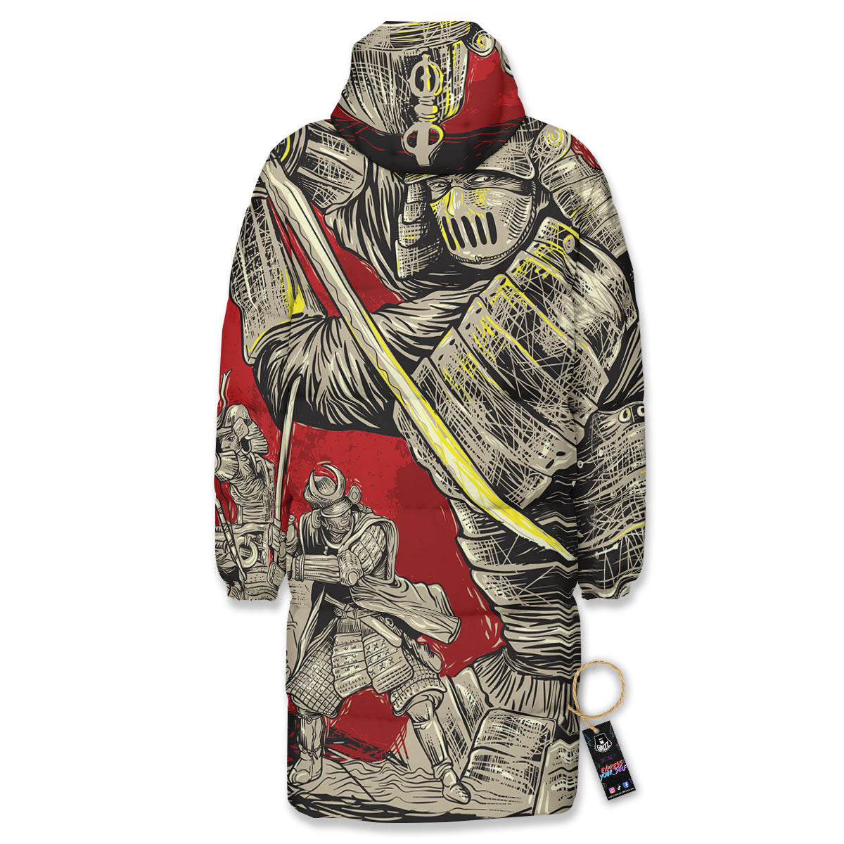 Samurai Red Moon Print Long Down Jacket-grizzshop
