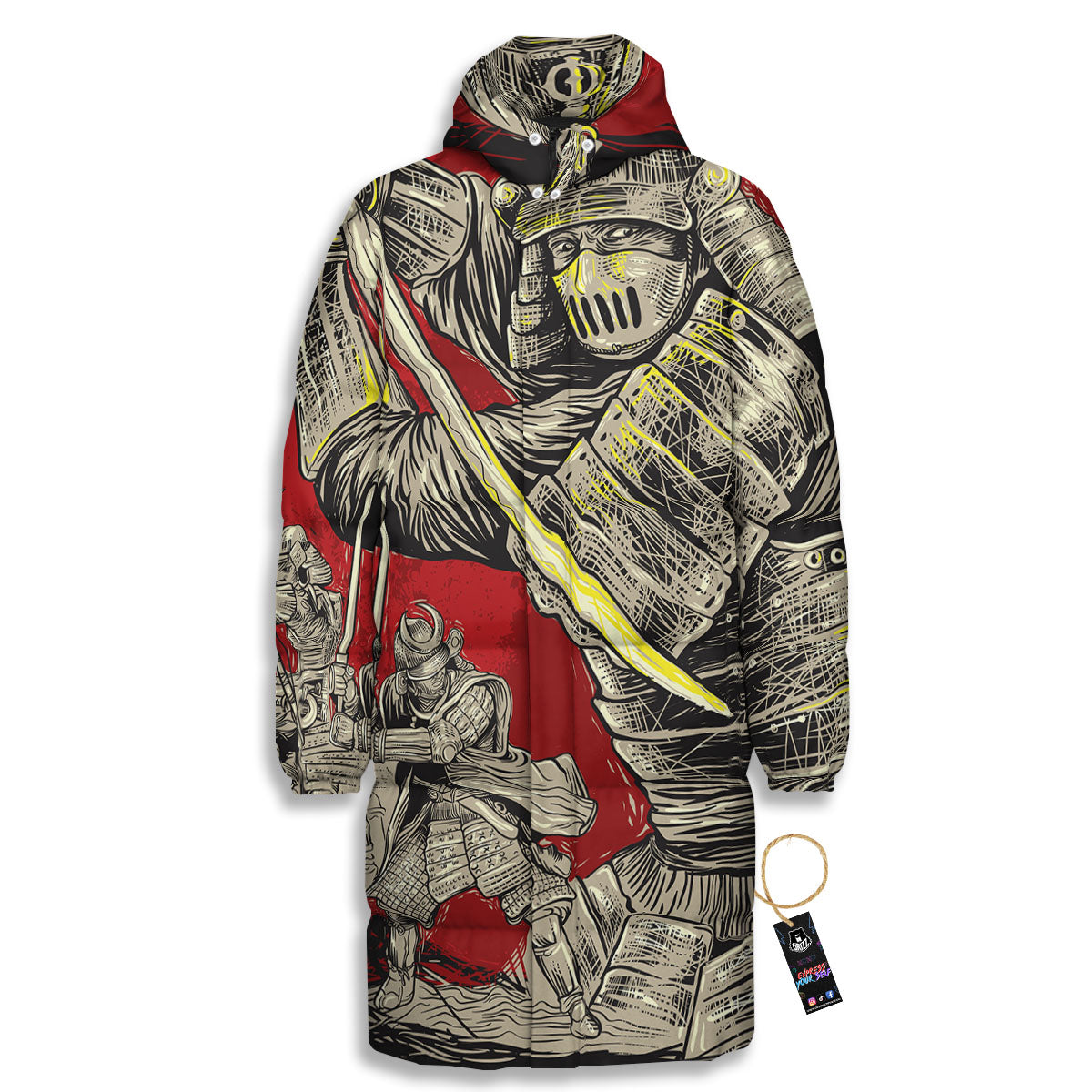 Samurai Red Moon Print Long Down Jacket-grizzshop
