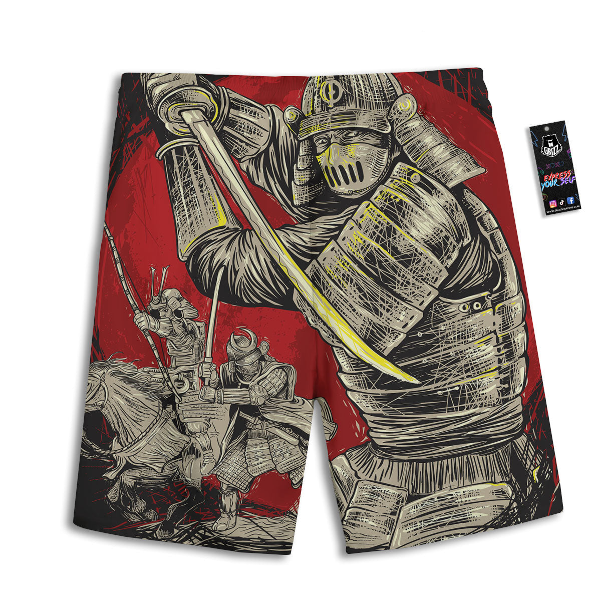 Samurai Red Moon Print Men's Athletic Shorts