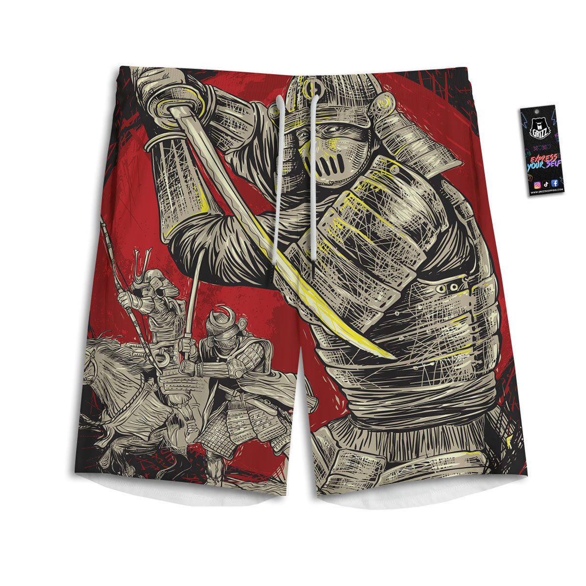 Samurai Red Moon Print Men's Athletic Shorts
