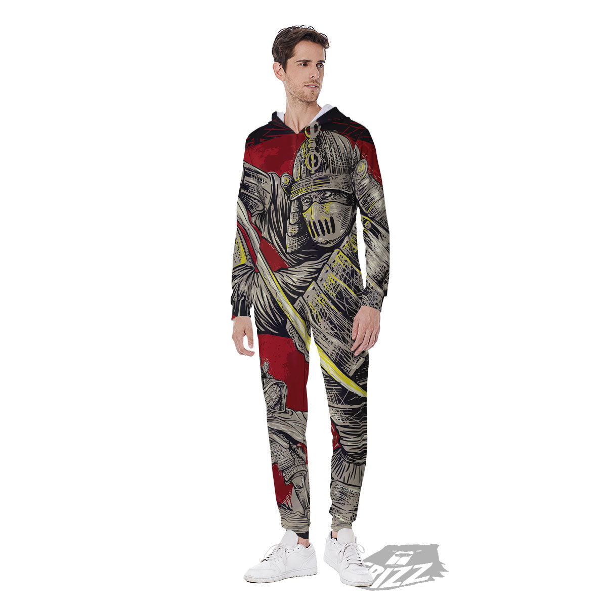 Samurai Red Moon Print Men's Jumpsuit-grizzshop