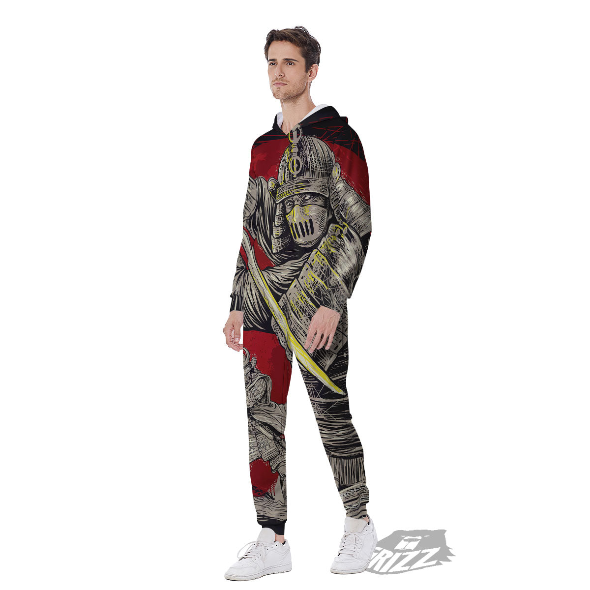 Samurai Red Moon Print Men's Jumpsuit-grizzshop