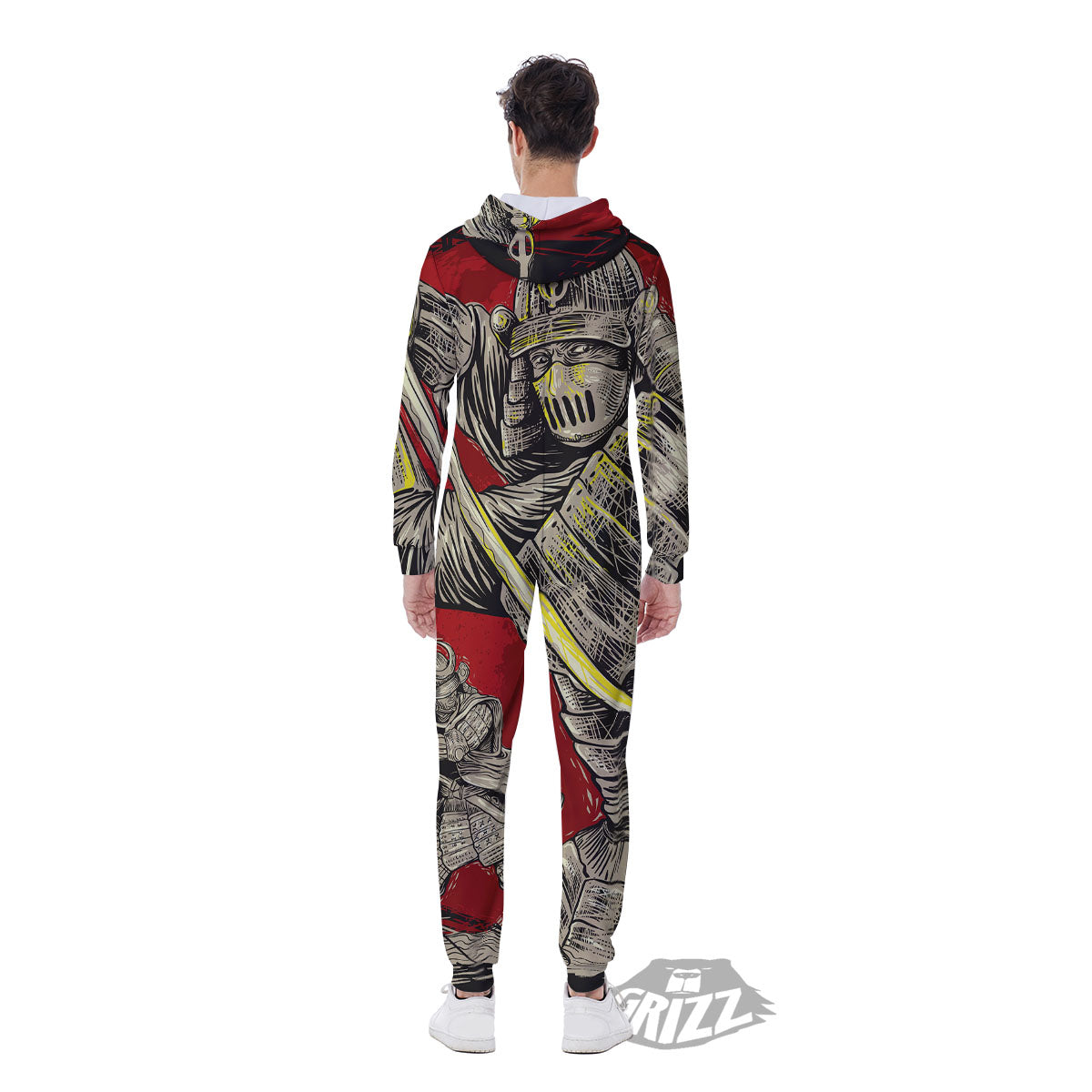 Samurai Red Moon Print Men's Jumpsuit-grizzshop