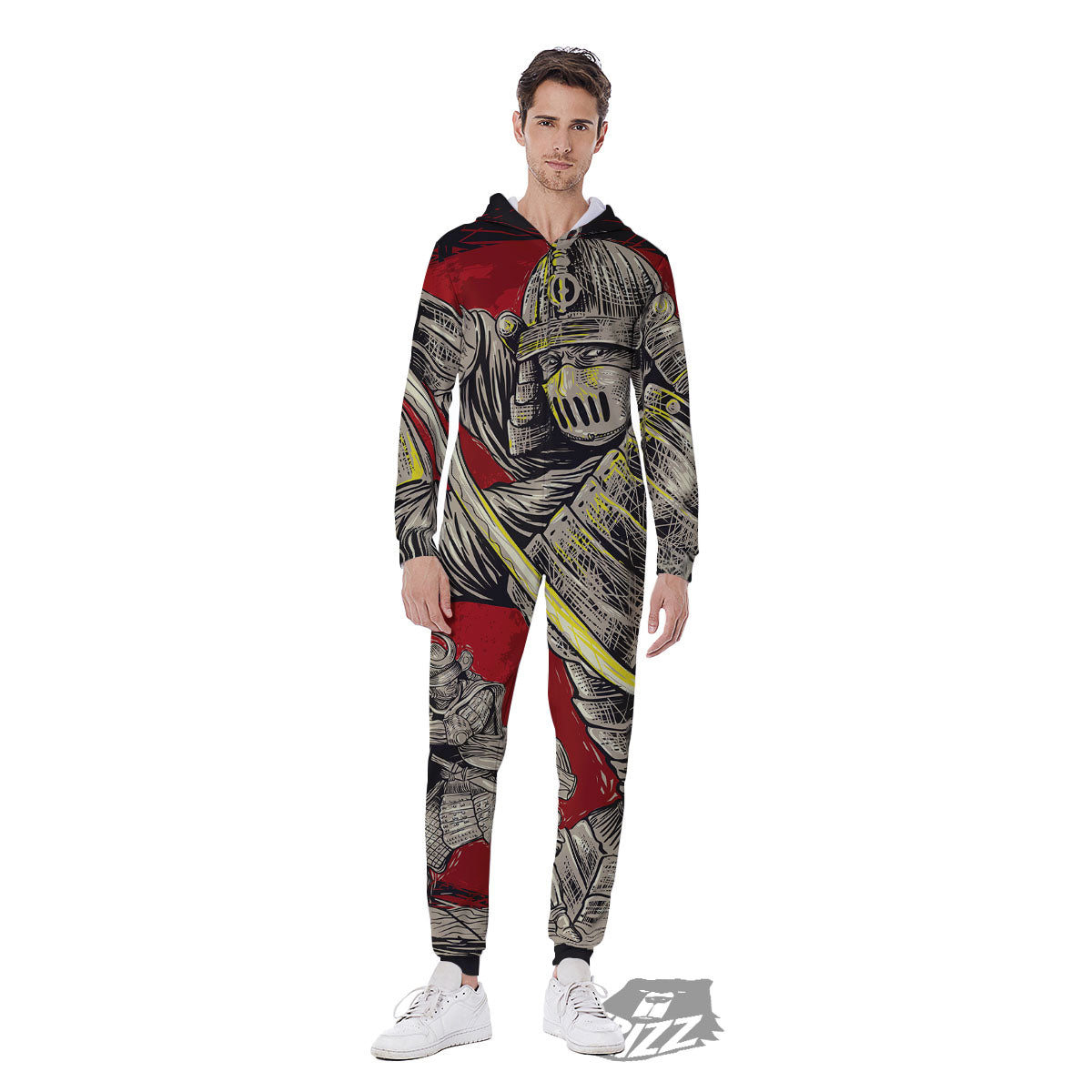 Samurai Red Moon Print Men's Jumpsuit-grizzshop