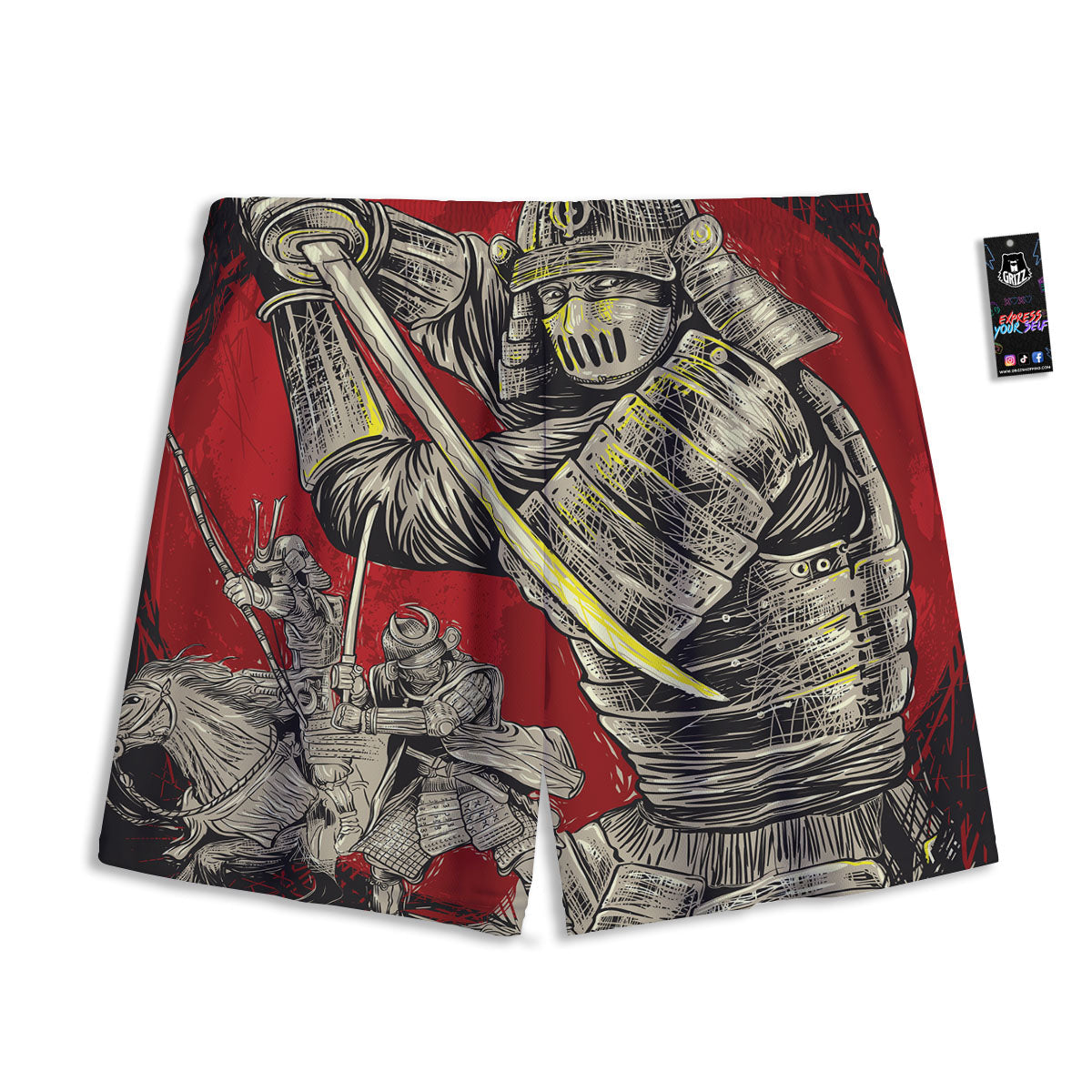 Samurai Red Moon Print Mesh Shorts