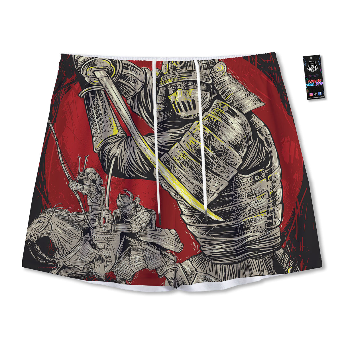 Samurai Red Moon Print Mesh Shorts