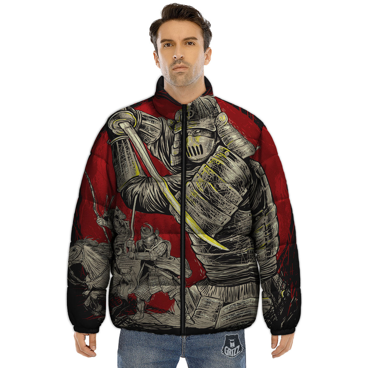Samurai Red Moon Print Puffer Jacket-grizzshop